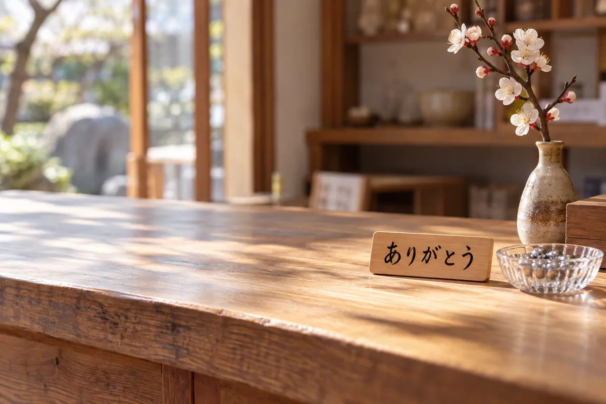 「ありがとう」の木札と銀色の玉、梅の枝