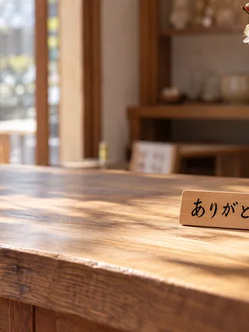 「ありがとう」の木札と銀色の玉、梅の枝