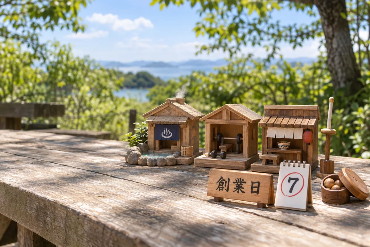 「創業日」の木札と小さな木の建物が並ぶ夏の箱庭