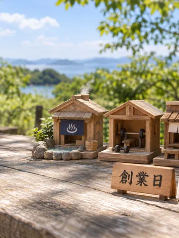 「創業日」の木札と小さな木の建物が並ぶ夏の箱庭