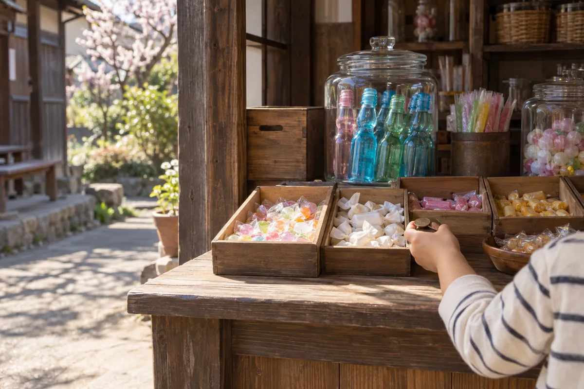 日なたの駄菓子屋の店先に並ぶ駄菓子と子どもの手