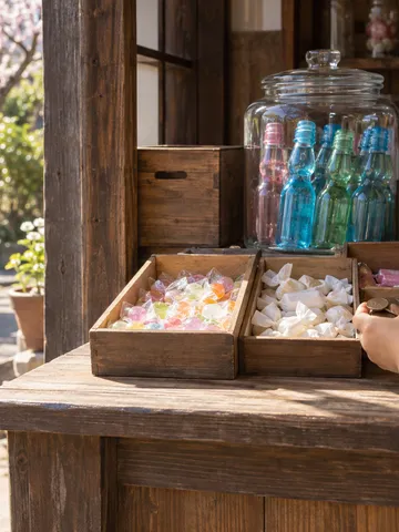 日なたの駄菓子屋の店先に並ぶ駄菓子と子どもの手