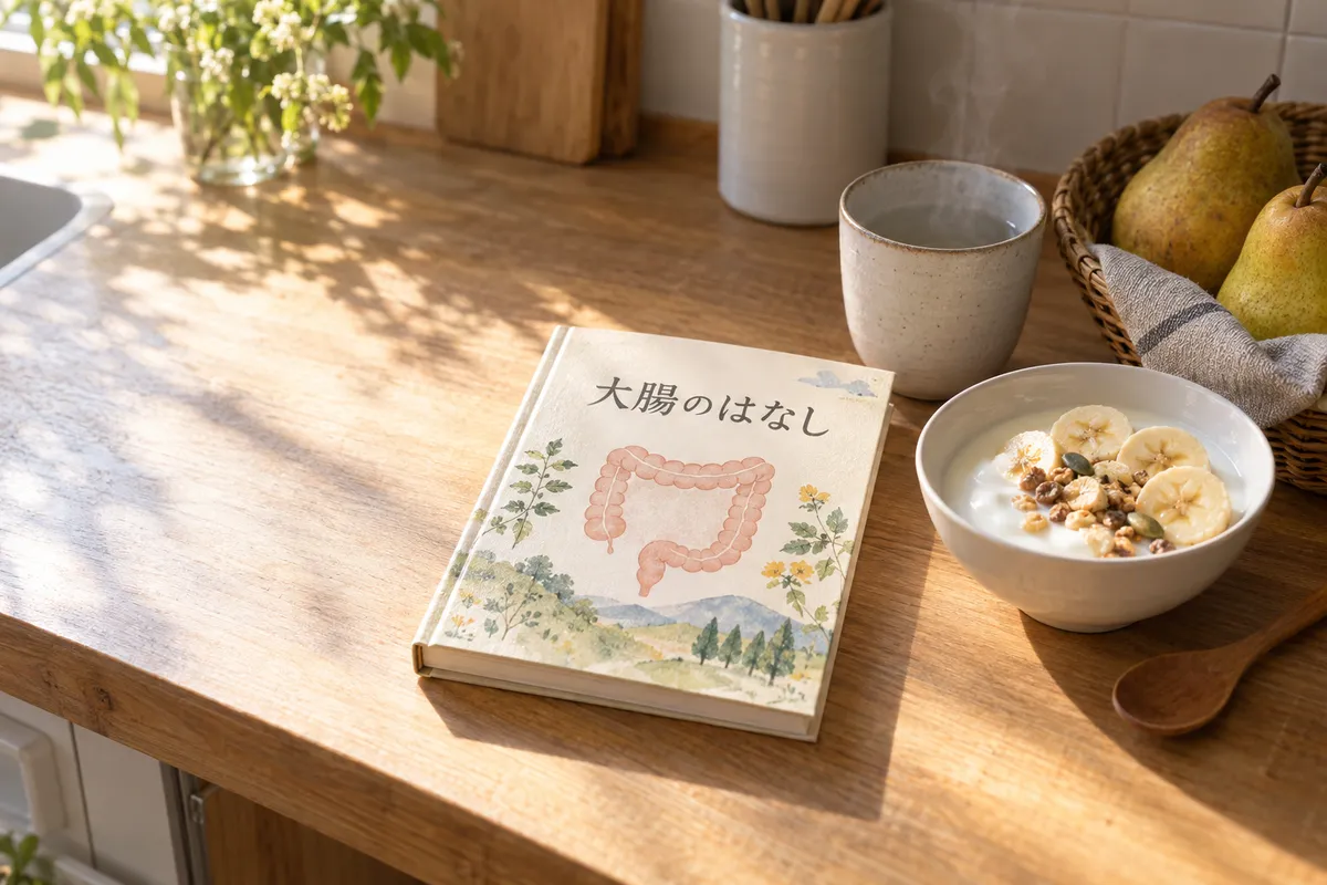 「大腸のはなし」の本とヨーグルトと白湯