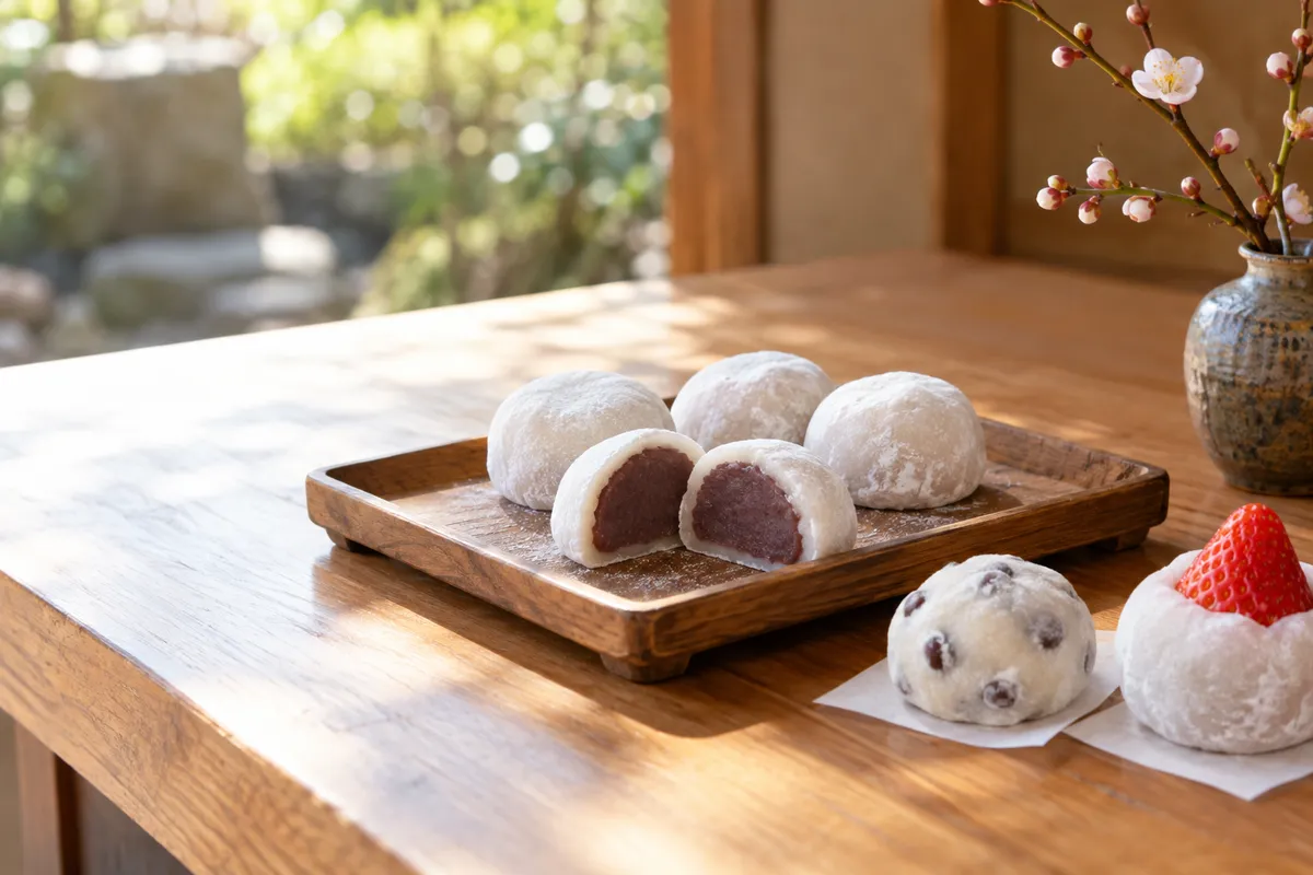 和菓子店の木のトレーに並ぶ大福と梅のつぼみ