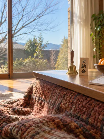 こたつの上の小さな鐘と「大納会」の木札、みかん