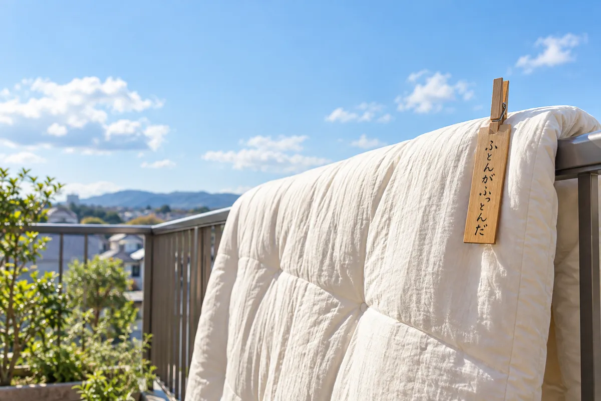 日なたに干した布団と、だじゃれを書いた木札