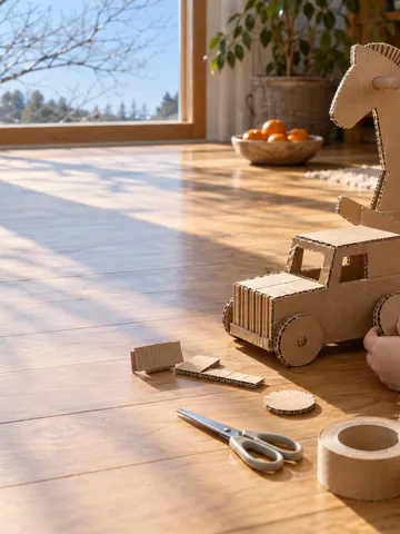 ダンボールの車と木馬を作る子どもの手元