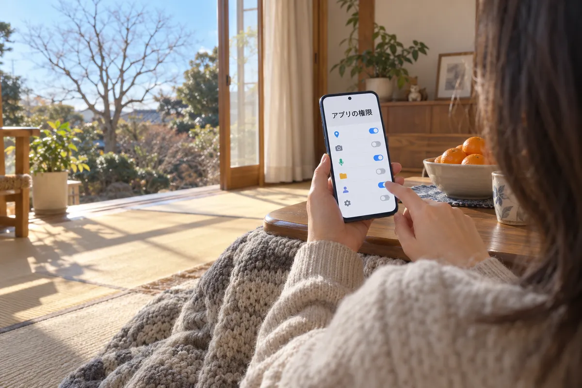 こたつの部屋でアプリの権限を確認するスマホ