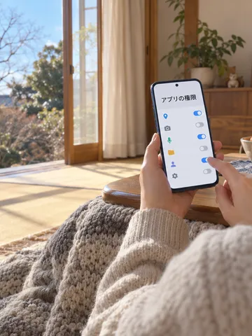 こたつの部屋でアプリの権限を確認するスマホ