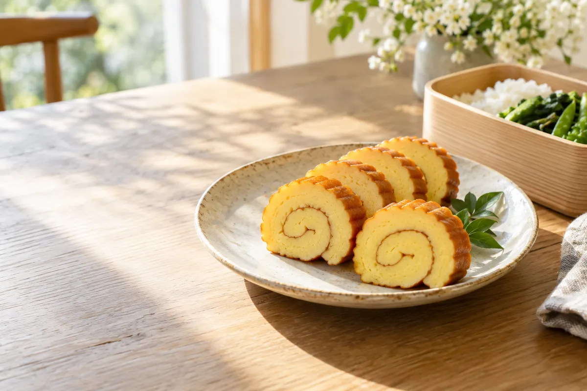 皿に盛られた伊達巻の断面とお弁当