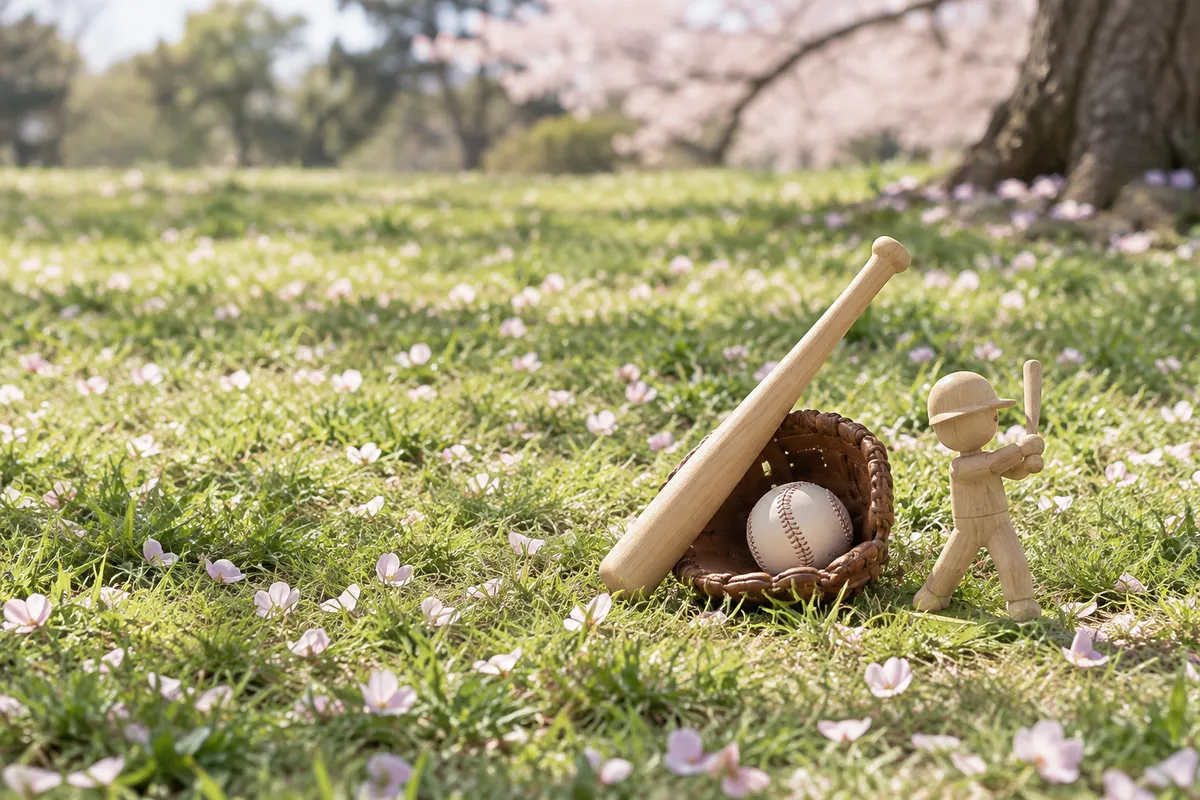春の芝生に置かれた野球のおもちゃとグローブ