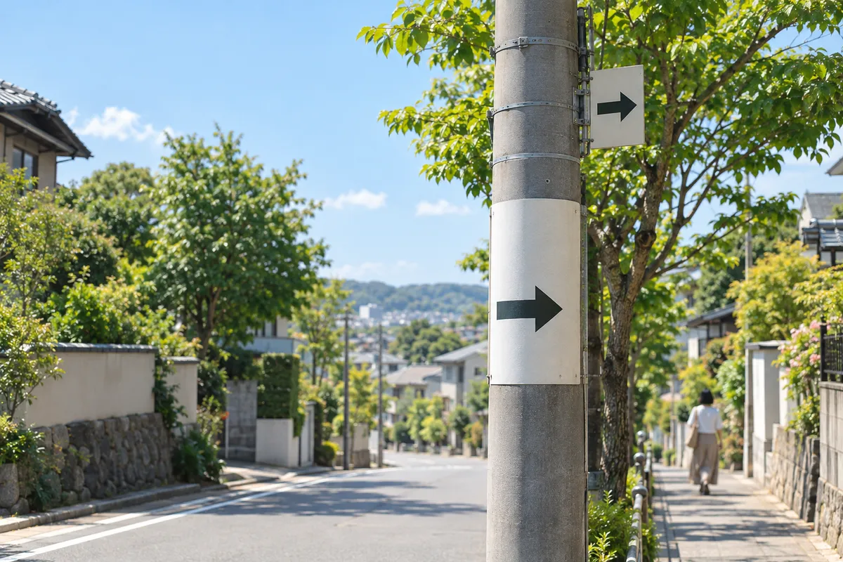 新緑の住宅街に立つ、矢印だけの案内板がついた電柱