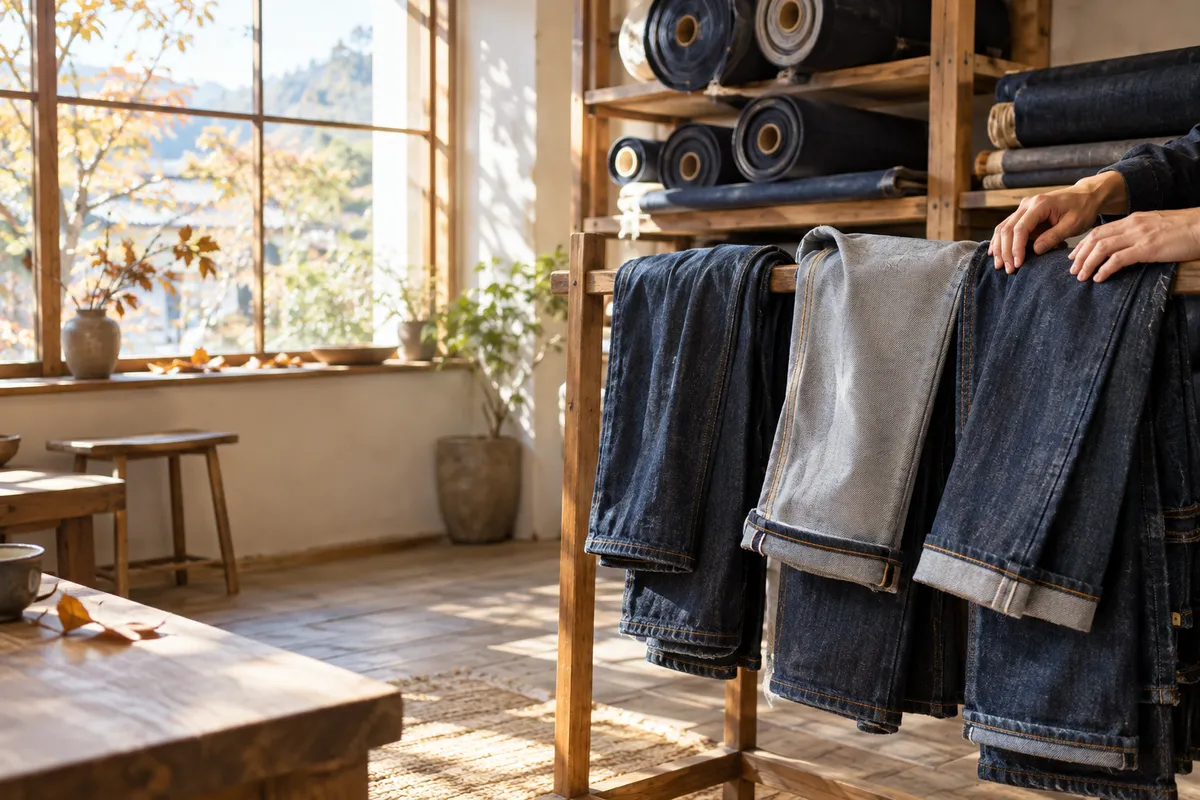 日なたの店内に並ぶ、折りたたまれたデニムと裏返したジーンズ