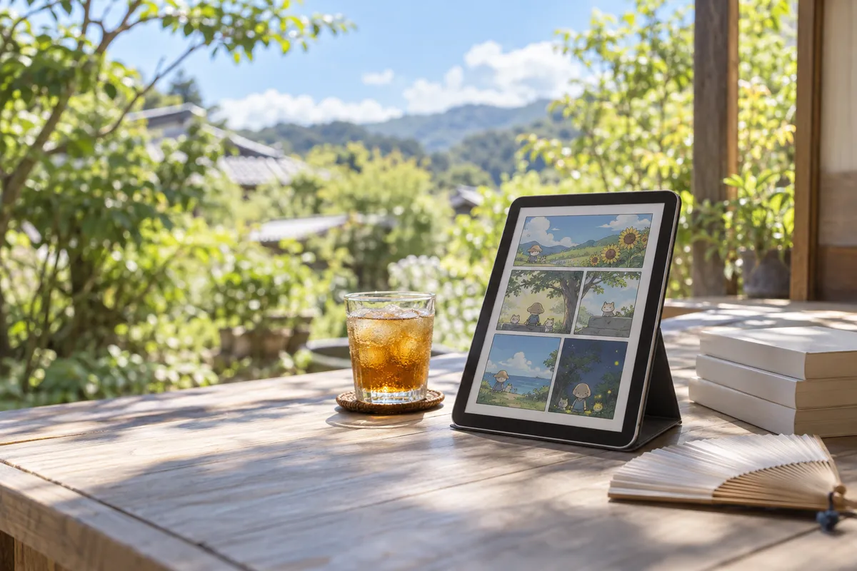 縁側のテーブルに置かれた漫画を表示したタブレットと麦茶