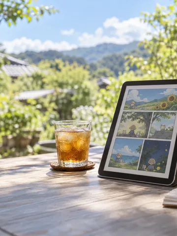 縁側のテーブルに置かれた漫画を表示したタブレットと麦茶