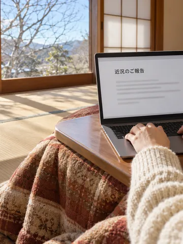 こたつの上のノートPCに映るメールの下書きとみかん