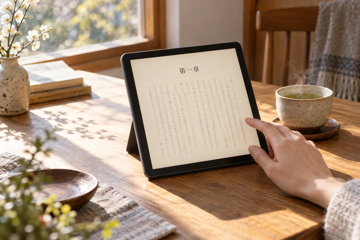 日なたの窓辺で小説のページを開いたタブレット