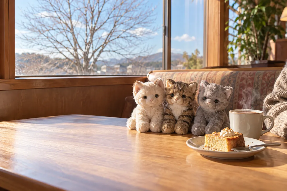 レストランの席に並ぶ3匹の猫のぬいぐるみ