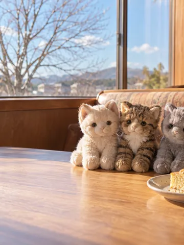 レストランの席に並ぶ3匹の猫のぬいぐるみ