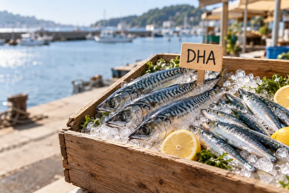 氷の上に並ぶ青魚と「DHA」の木札