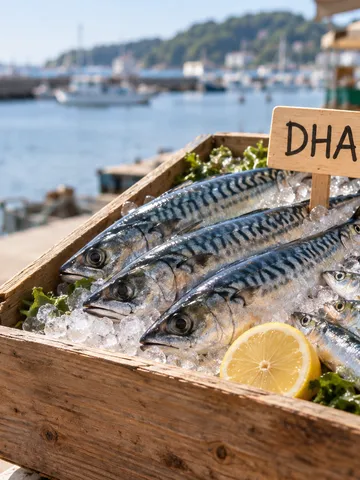 氷の上に並ぶ青魚と「DHA」の木札