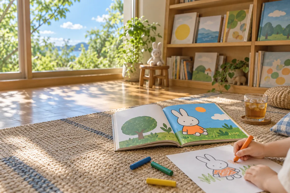 図書館の絵本コーナーで絵を描き写す子どもの手
