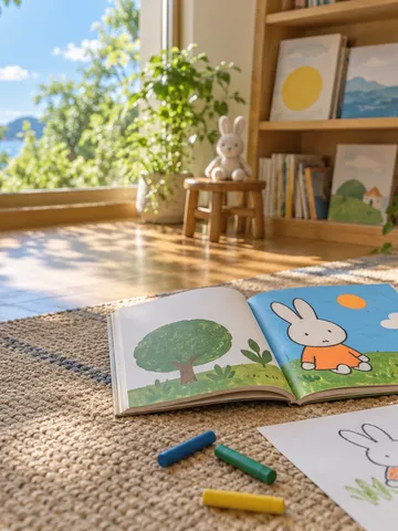 図書館の絵本コーナーで絵を描き写す子どもの手