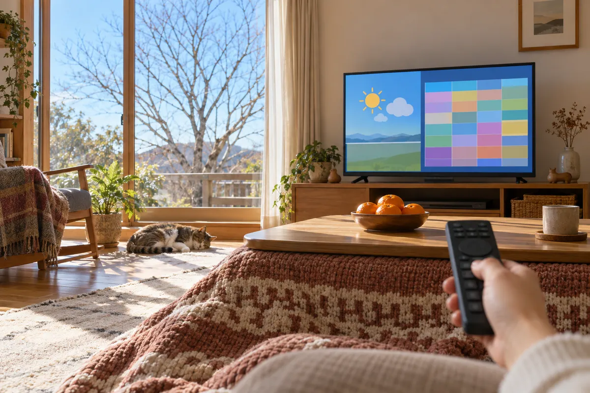 こたつとみかん、データ放送が映るテレビ