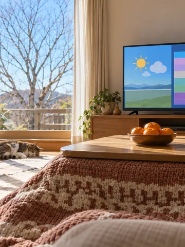 こたつとみかん、データ放送が映るテレビ