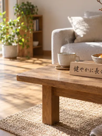 「健やかに長く」の木札と白湯のある明るい居間