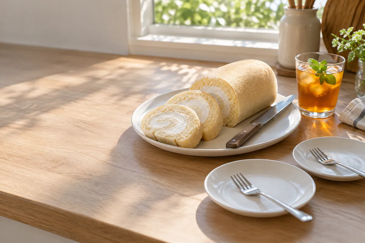 台所で切り分けたロールケーキと冷たいお茶