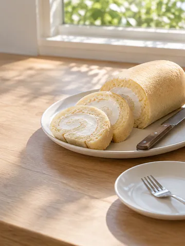 台所で切り分けたロールケーキと冷たいお茶