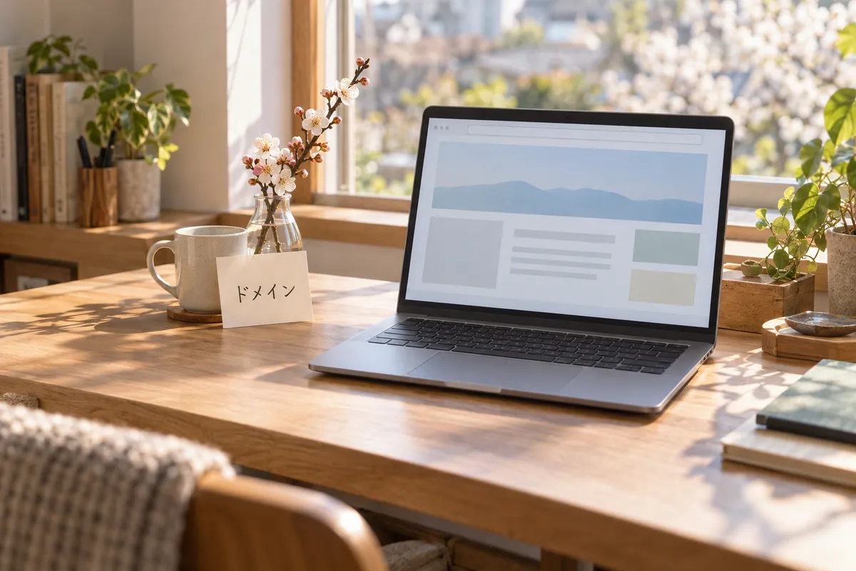 「ドメイン」と書かれたメモとノートPC、梅の枝