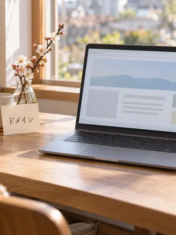 「ドメイン」と書かれたメモとノートPC、梅の枝