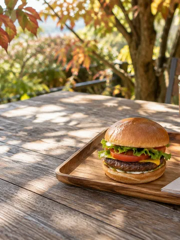 木のトレーに置かれたハンバーガーと紅葉の日差し