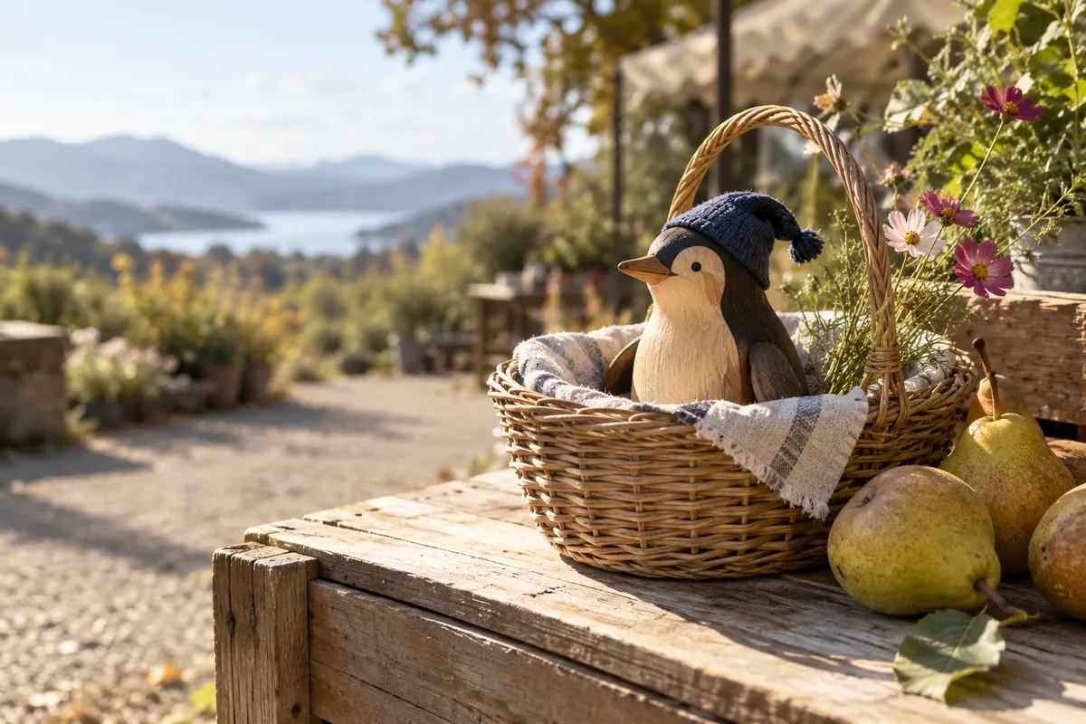 紺のナイトキャップをかぶった木製ペンギンの人形と買い物かご