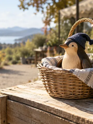紺のナイトキャップをかぶった木製ペンギンの人形と買い物かご