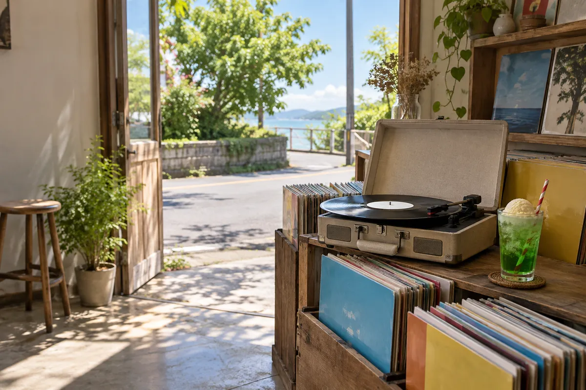 夏の光が差すレコード店先のレコードプレーヤー
