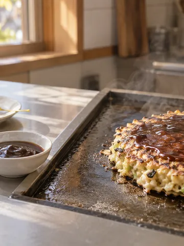 鉄板のお好み焼きに濃いソースを塗る様子
