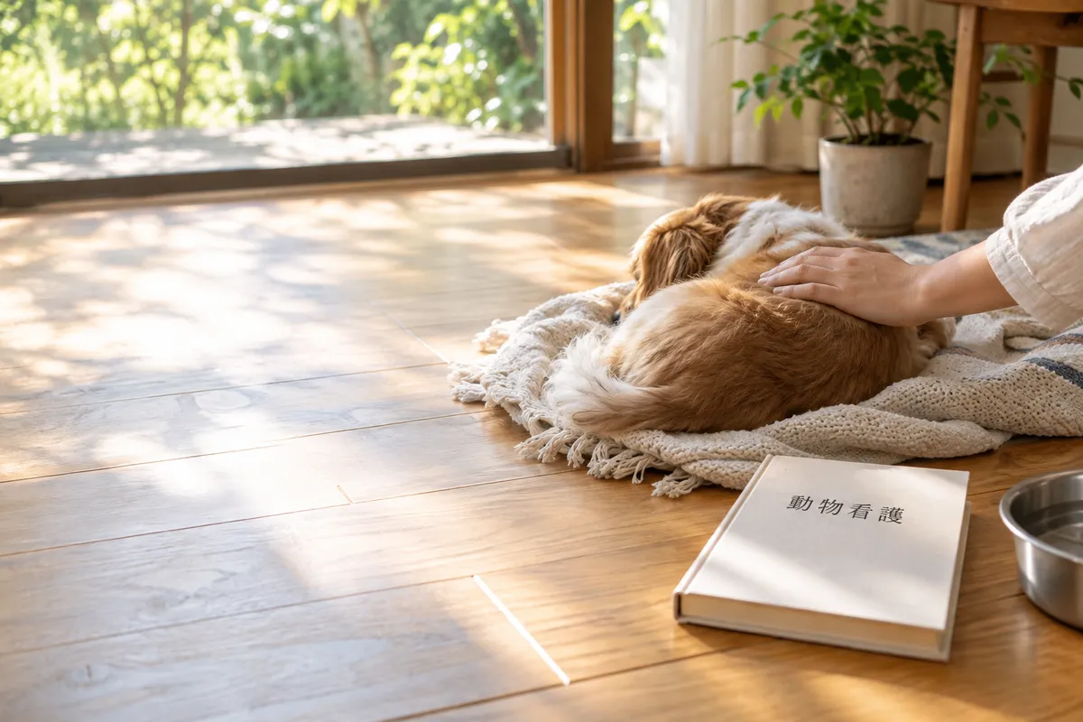 毛布で眠る犬の背中に添えられた手と「動物看護」の本