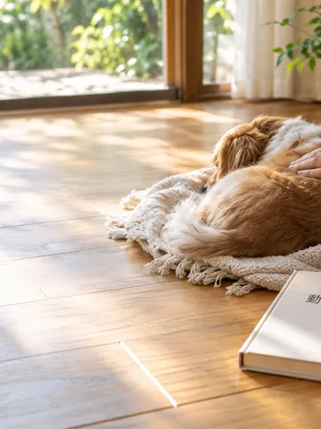 毛布で眠る犬の背中に添えられた手と「動物看護」の本