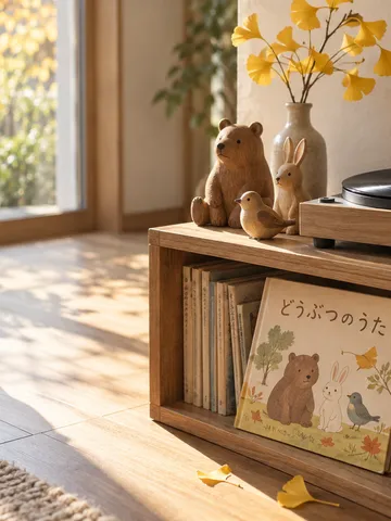レコードプレーヤーと木の動物の置物、歌の本