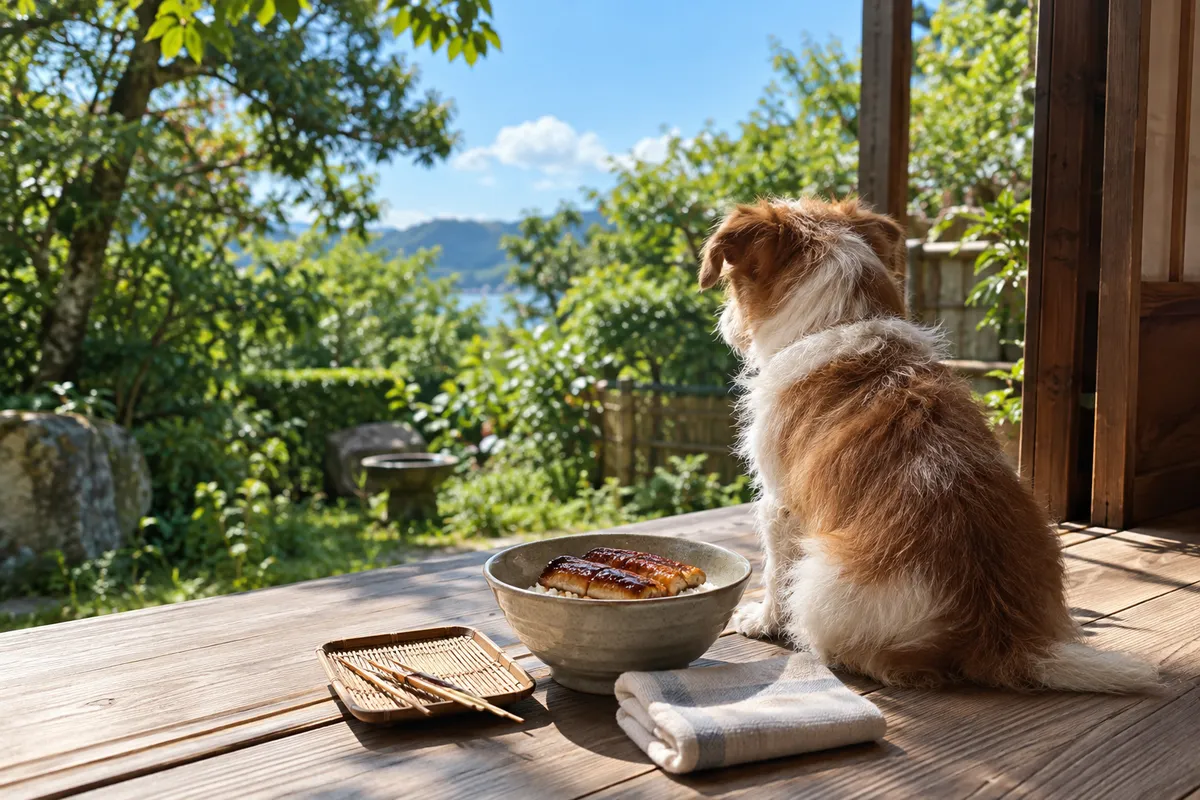 縁側で器の前に座る犬の後ろ姿と夏の庭