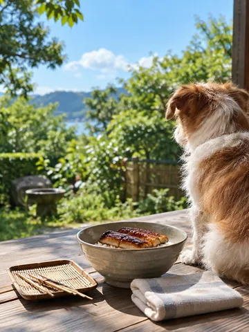 縁側で器の前に座る犬の後ろ姿と夏の庭