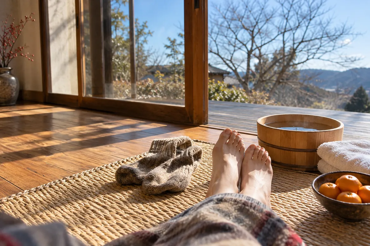 日なたの縁側で足元のケアをする様子