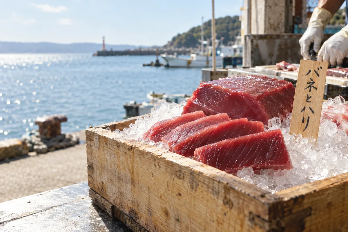 氷の上のマグロの切り身と「バネとハリ」の木札