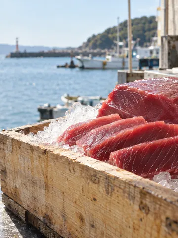 氷の上のマグロの切り身と「バネとハリ」の木札
