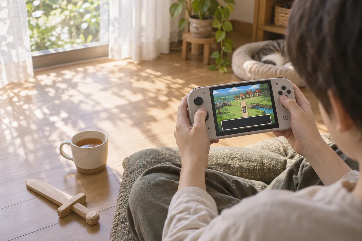 ピクセル調のRPG画面を遊ぶ手元と後ろ姿