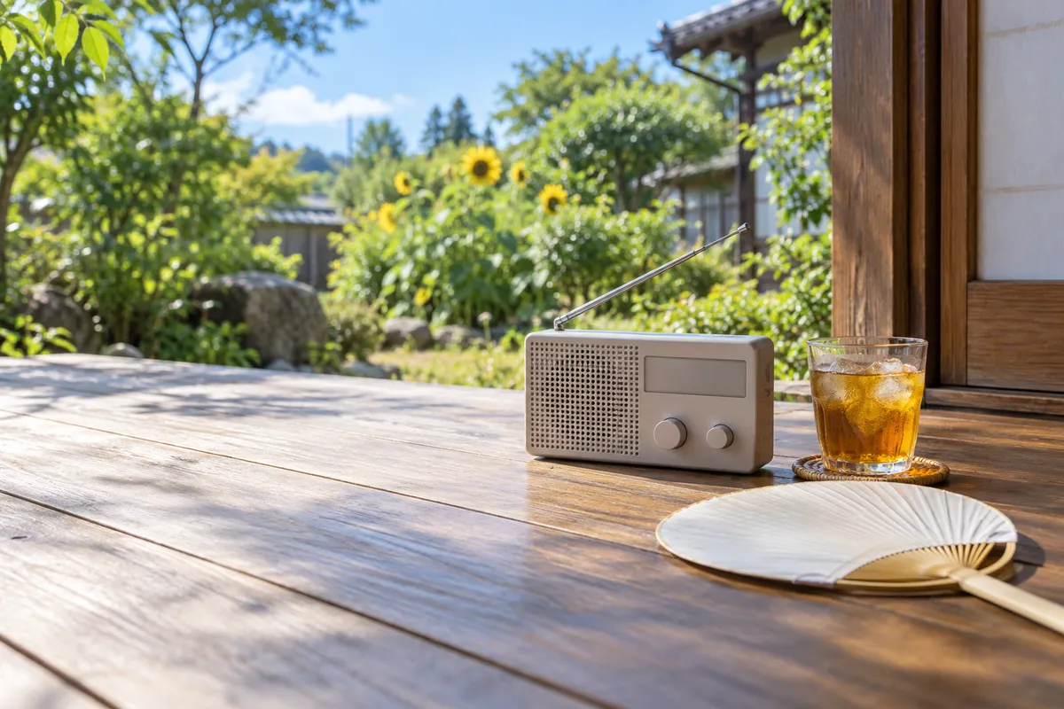 縁側に置かれた小型ラジオと麦茶の夏の情景