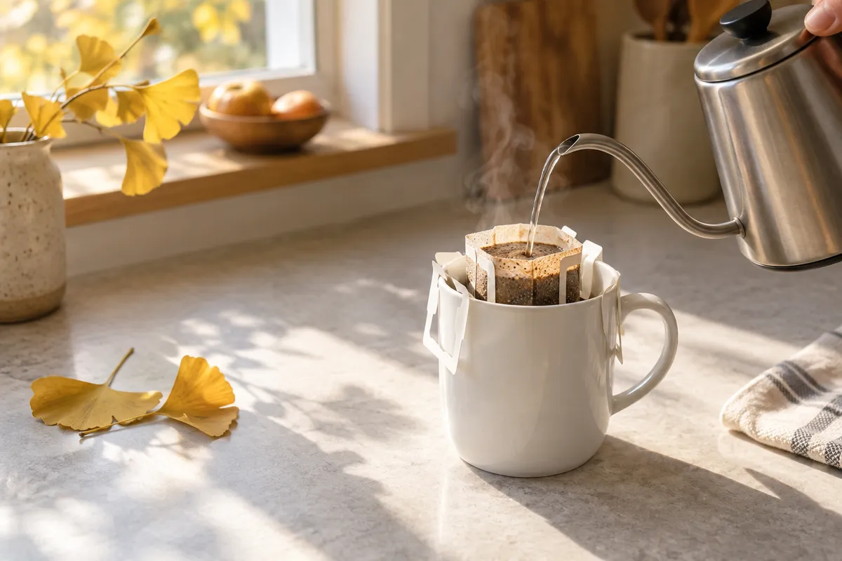 ドリップバッグでコーヒーを淹れる台所の手元